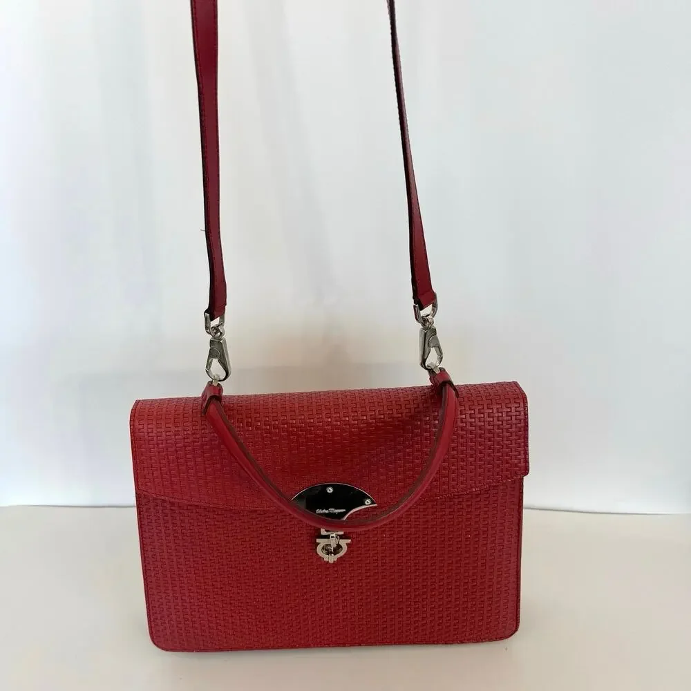 Ferragamo Gancini Woven Top Handle Satchel Bag Red Leather Made in Italy